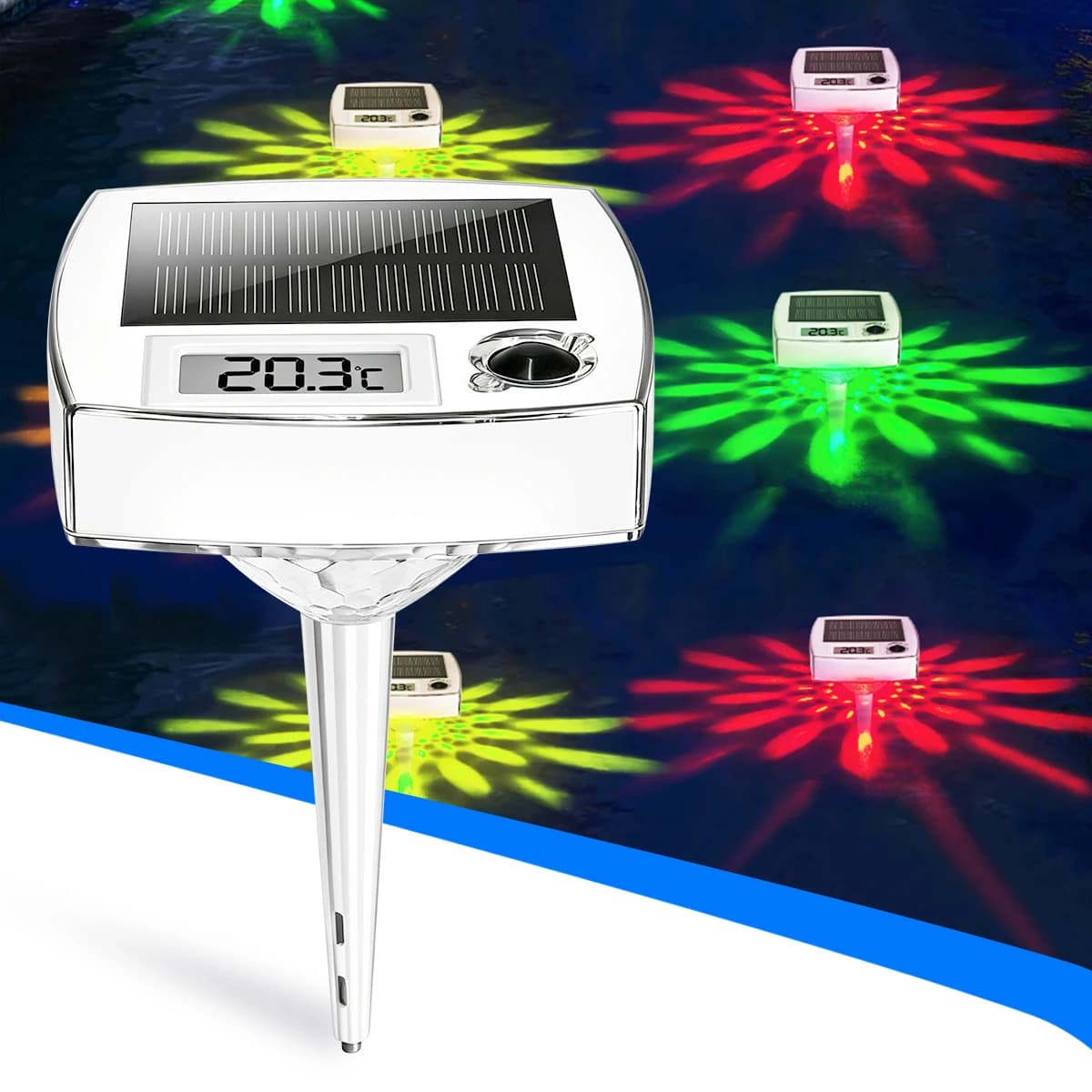 Termometro Galleggiante per Piscina a Energia Solare, 9 Modalità di Cambio Colore RGB, Impermeabile IP68 con Display della Temperatura per Piscina e Spa