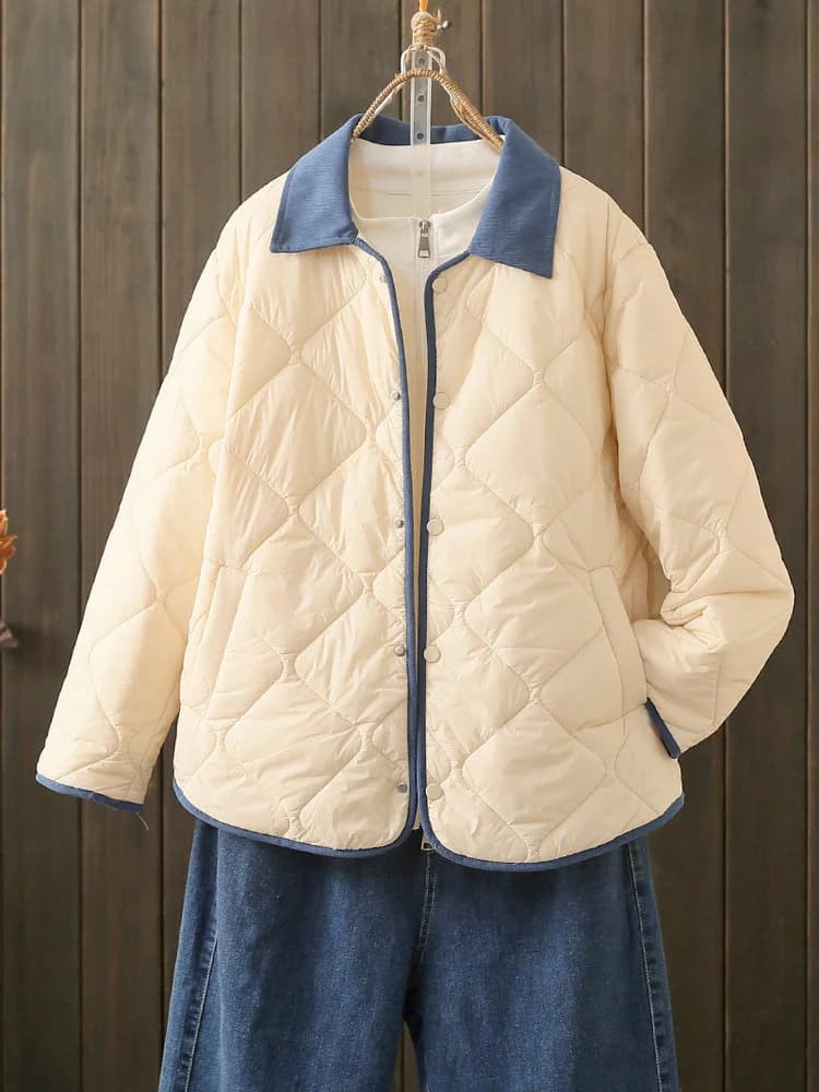 Autumn Winter plus Size Korean Style Diamond Pattern Cotton Jacket Collar Color Block Loose Slimming Versatile Cotton Coat