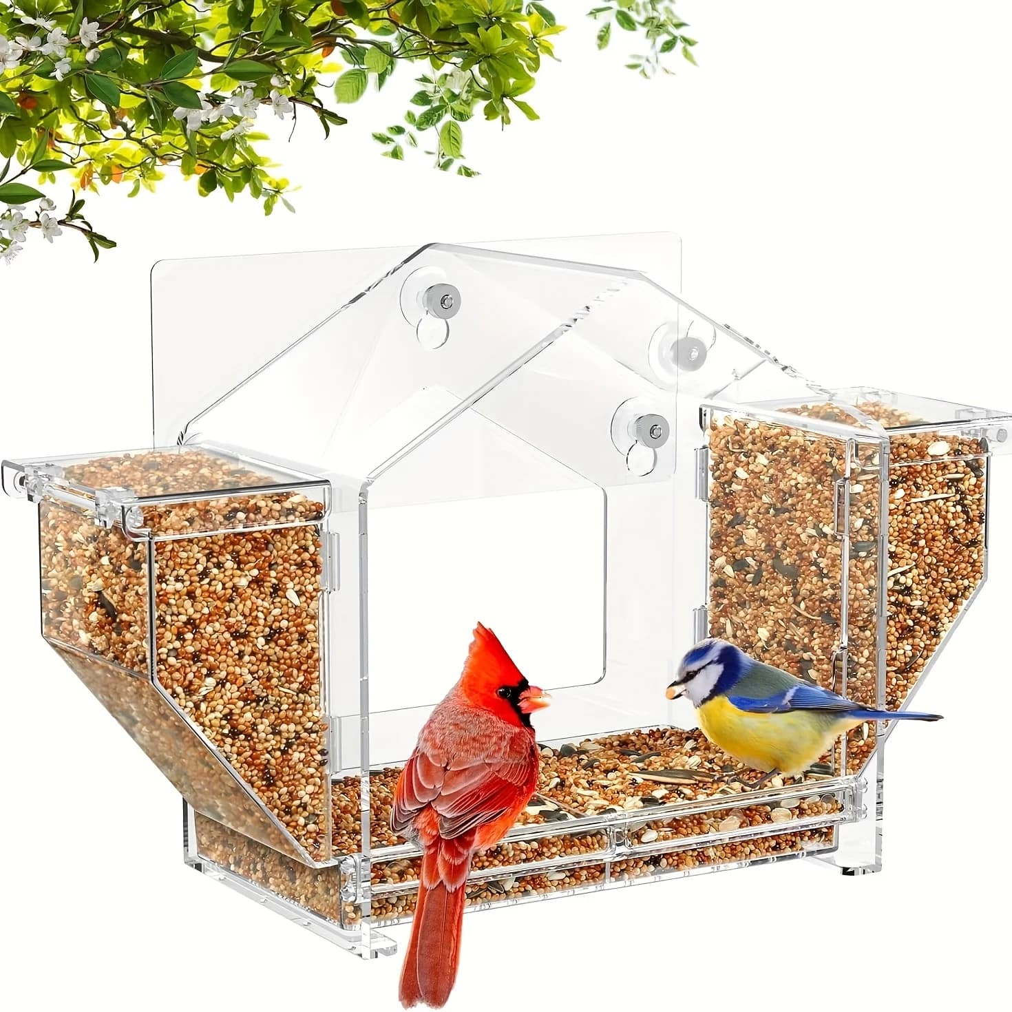 Transparent Large View Squirrel Proof Window Bird Feeder with Self-Adhesive Hooks And Suction Cups Outdoor Bird Watching Feeder