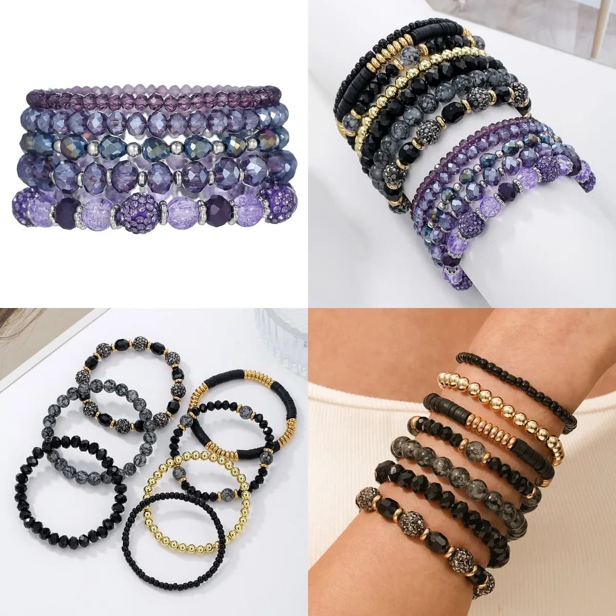 Boho Multi-Layer Stretch Bracelet for Women – Polymer Clay Beads, Crystal Ball Charm Wristband for Daily Wear & Layering