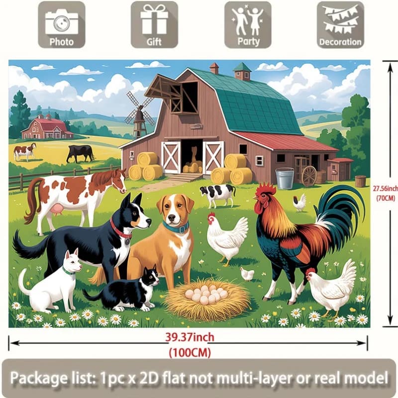 2D Flat Wall Tapestry Farm Animal Print Hanging Cloth Barn Windmill Party Background Cloth Kids Cartoon Themed Home Living Room