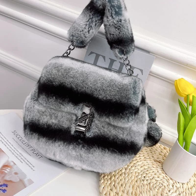 Rex Rabbit Fur Dragon Cat Fur Bag Little Bag With Chain For Women Winter Real Rabbit Fur Clutch Bag Lady Soft Fur Handbags