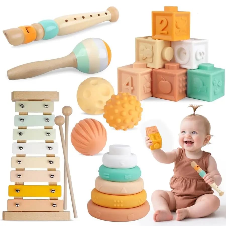 Giocattoli Montessori per Bambini da 6-12 Mesi, Strumenti Musicali in Legno, Blocchi Impilabili, Giocattoli da Dentizione per Neonati