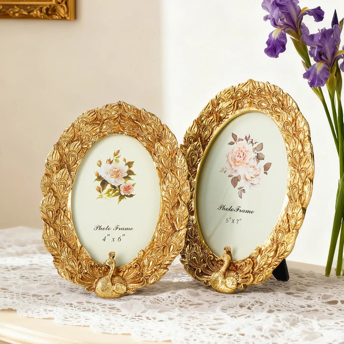 1PC, European-style Gilded Peacock Relief Oval Picture Frame, for Decoration in Bedrooms, Study Rooms And Entrance Halls