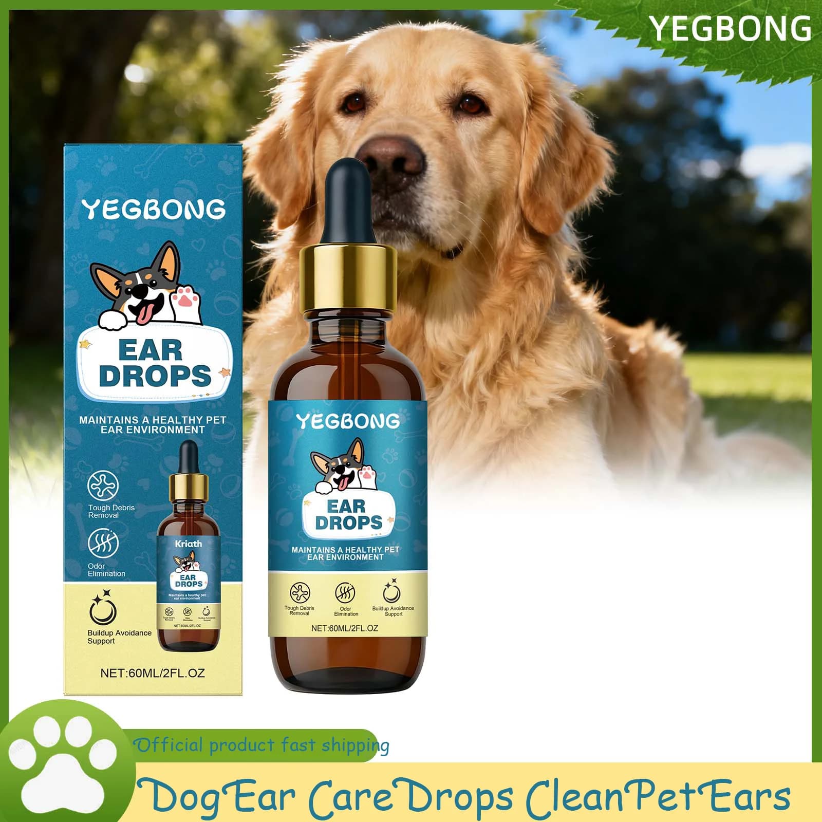 Yegbong Gocce per la cura dell'orecchio del cane da 60 ml Pulite le orecchie dell'animale domestico con ingredienti delicati Gocce nutrienti per la cura