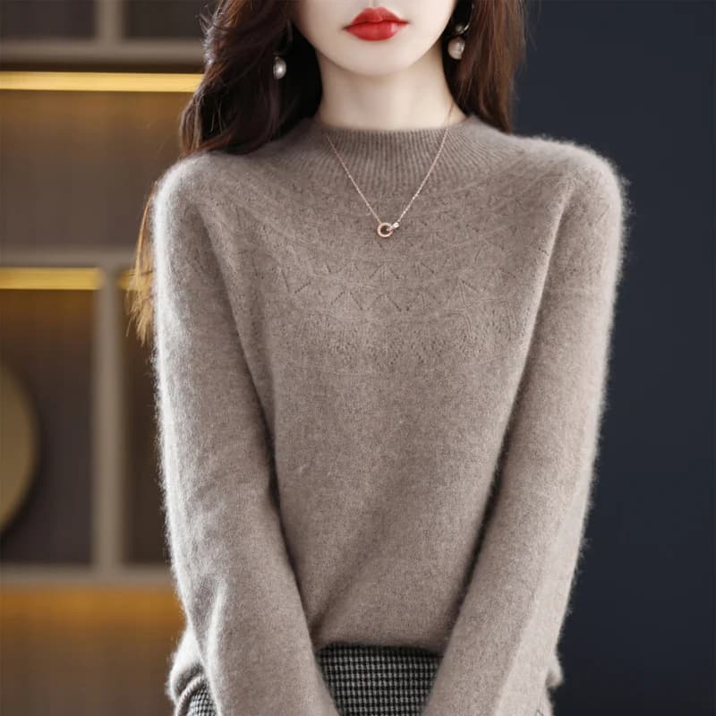 100% Wool Sweater Women's Half-Turtleneck Slim Seamless Wool Knitted Bottoming Shirt Hollow Loose In Autumn And Winter