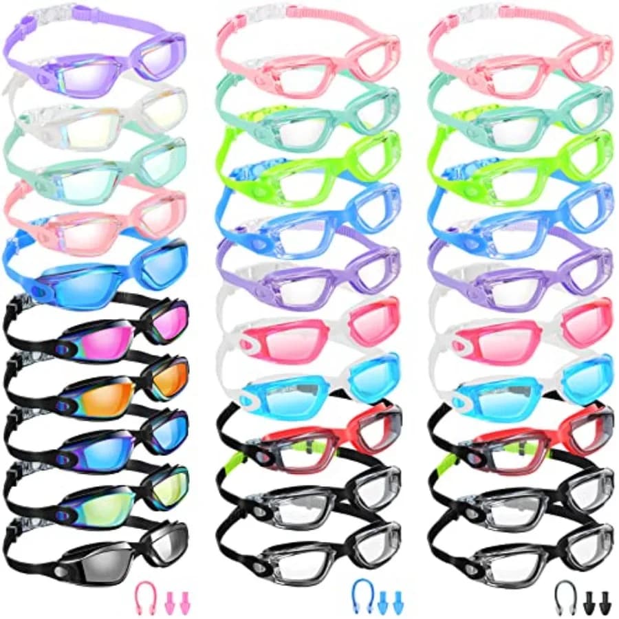 Yexiya 30 Paia di Occhialini da Nuoto con Clip Nasale e Tappi per le Orecchie, Antiappannamento, Protezione UV, Senza Perdite d'Aria, Ampia Visuale per l'Estate