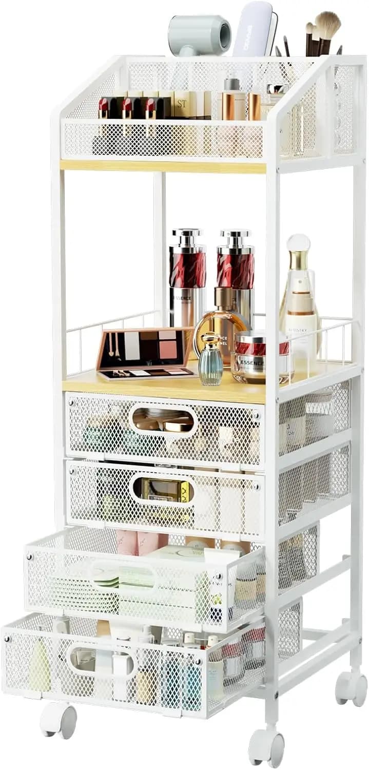 Carrello per trucco con rotelle a 4 cassetti con organizer per la cura della pelle, contenitore per cosmetici e smalti