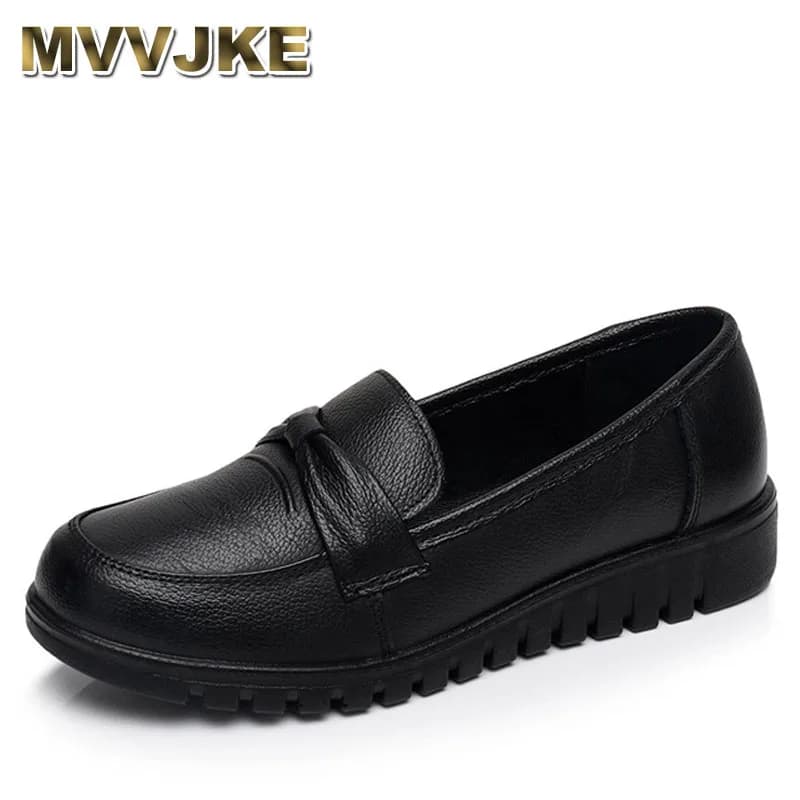 Women's Old Mother Women's Flats Moccasins in real cow leather brief on black round black PU casual solid 35-41