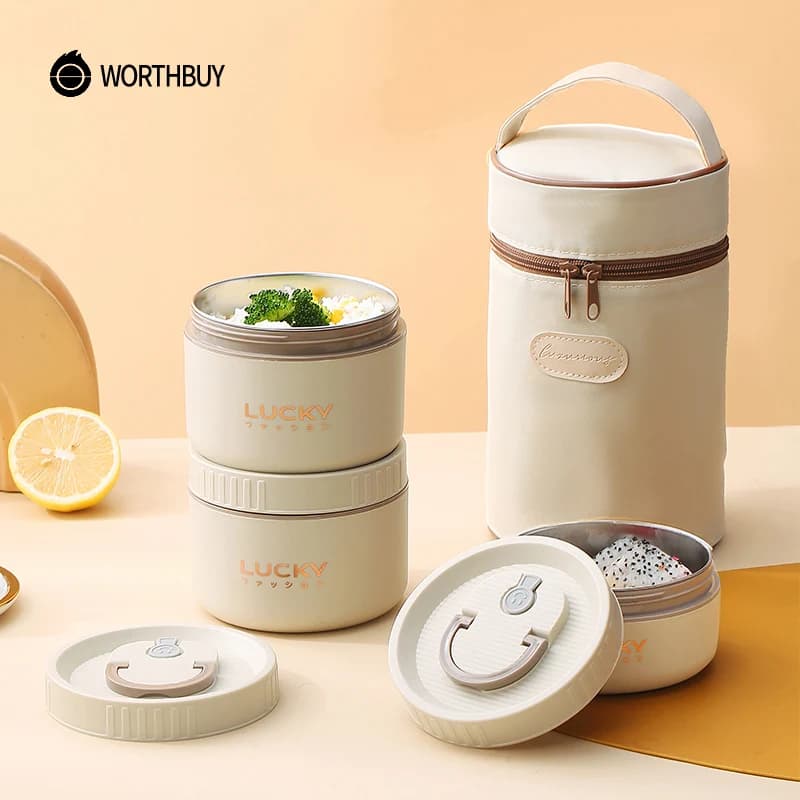 WORTHBUY Set di contenitori per il pranzo Bento, contenitore per il pranzo portatile per tenere al caldo con borsa termica, contenitore per alimenti in acciaio inossidabile 18/8