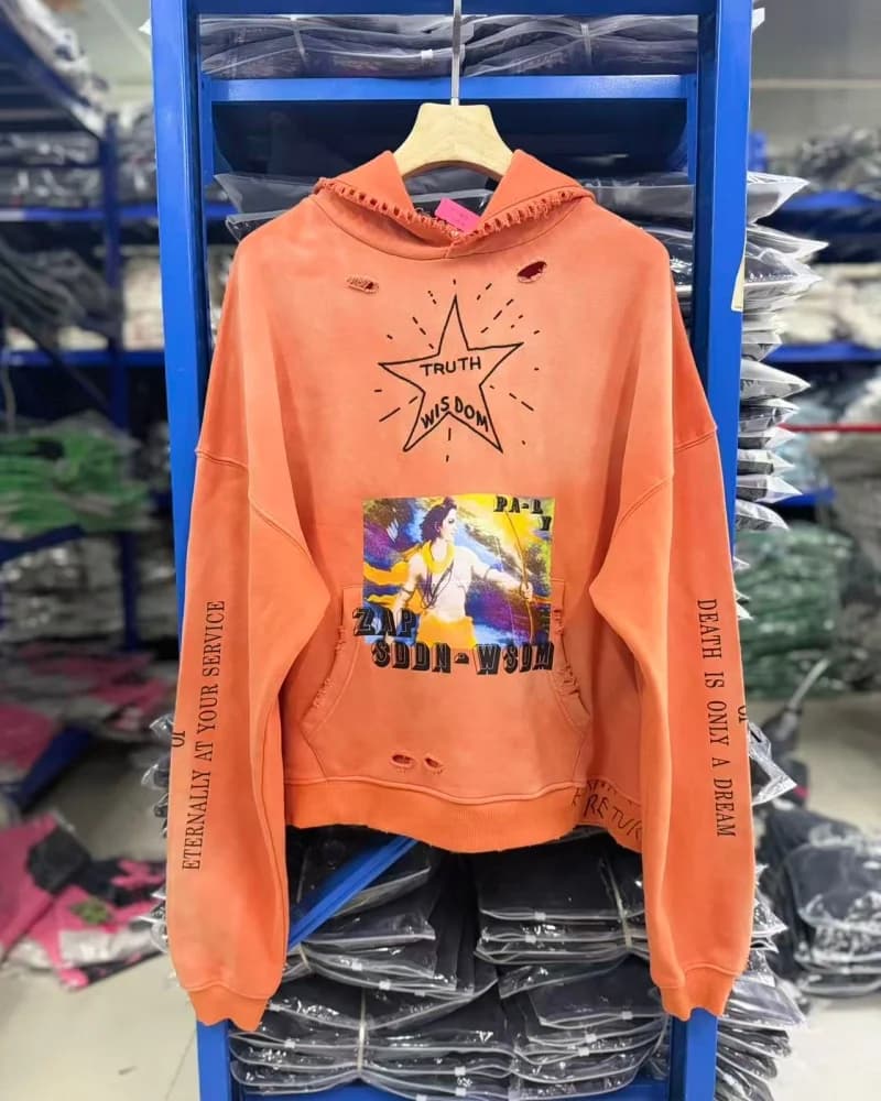 Orange New 26SS Paly Embroidered Vintage Distressed Pullover Sweatshirt for Men Women High-End Winter Hoodie