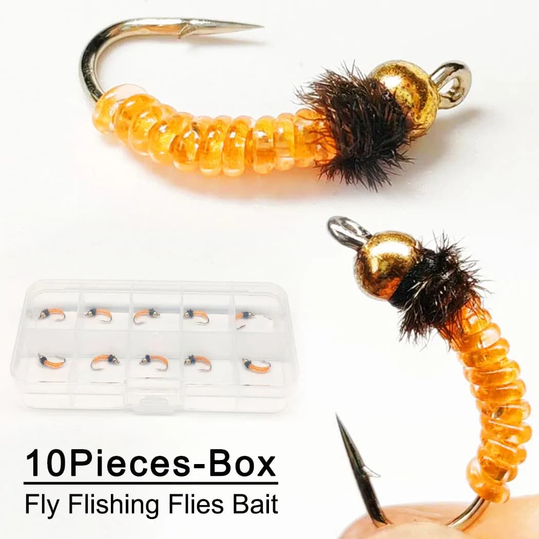 Fly fishing flies 10 pieces (with flies box) BeadHead Midges Orange Ninfa Bait Dry flies Richiamo Fishing equipment for trout baits