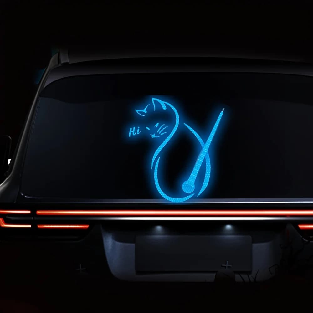 1 adesivo riflettente per auto a forma di gatto - vinile impermeabile, simpatico gattino con scopa rosa, adesivo luminoso per lunotto posteriore