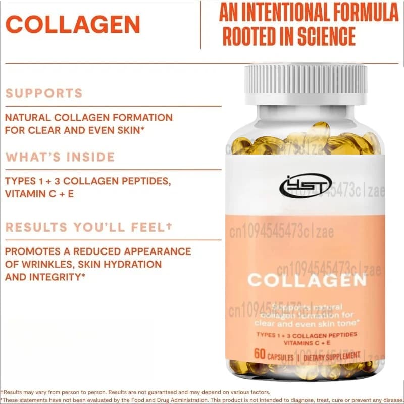 Collagen suplement contains 2000 mg collagen peptides, vitamin C and vitamin E, skin health, antioxidant support capsules