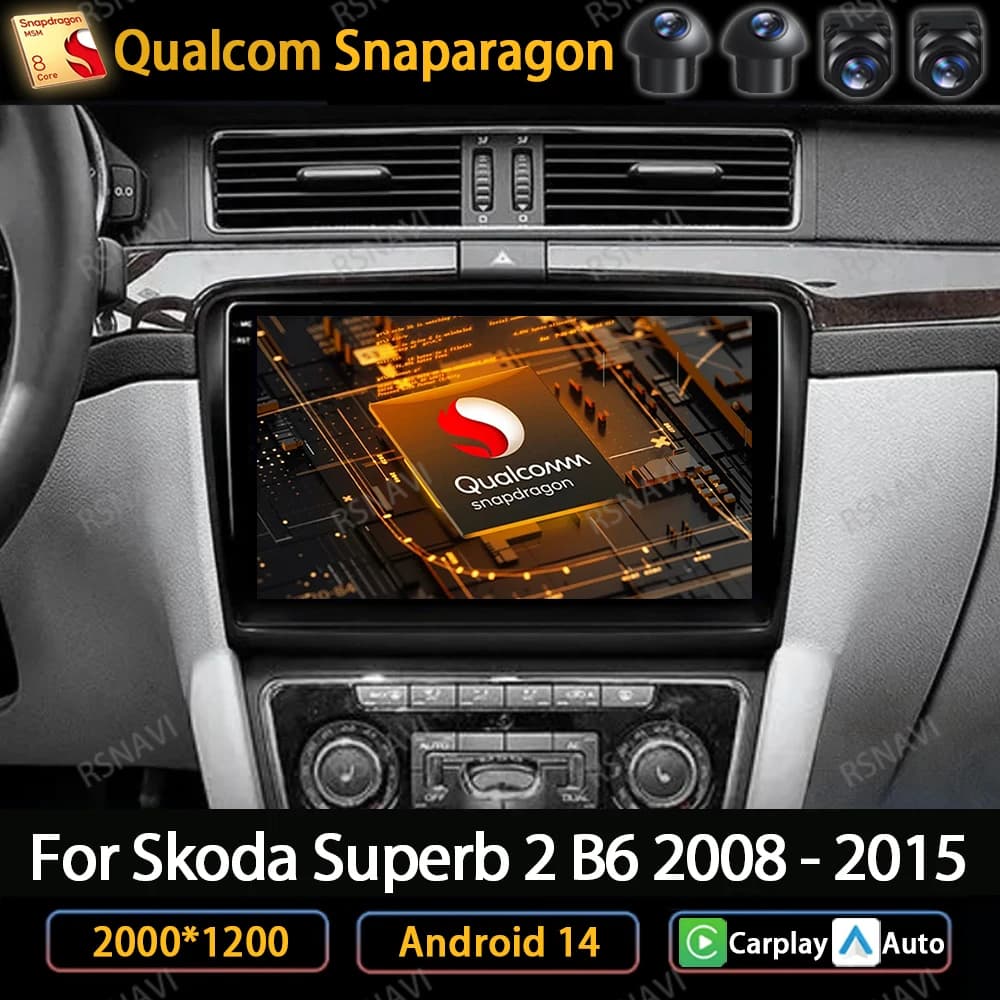 Android 14 Per Skoda Superb 2 B6 2008 - 2015 Autoradio Stereo Wireless Carplay Auto Navi GPS Lettore Video Multimediale WIFI 4G DSP