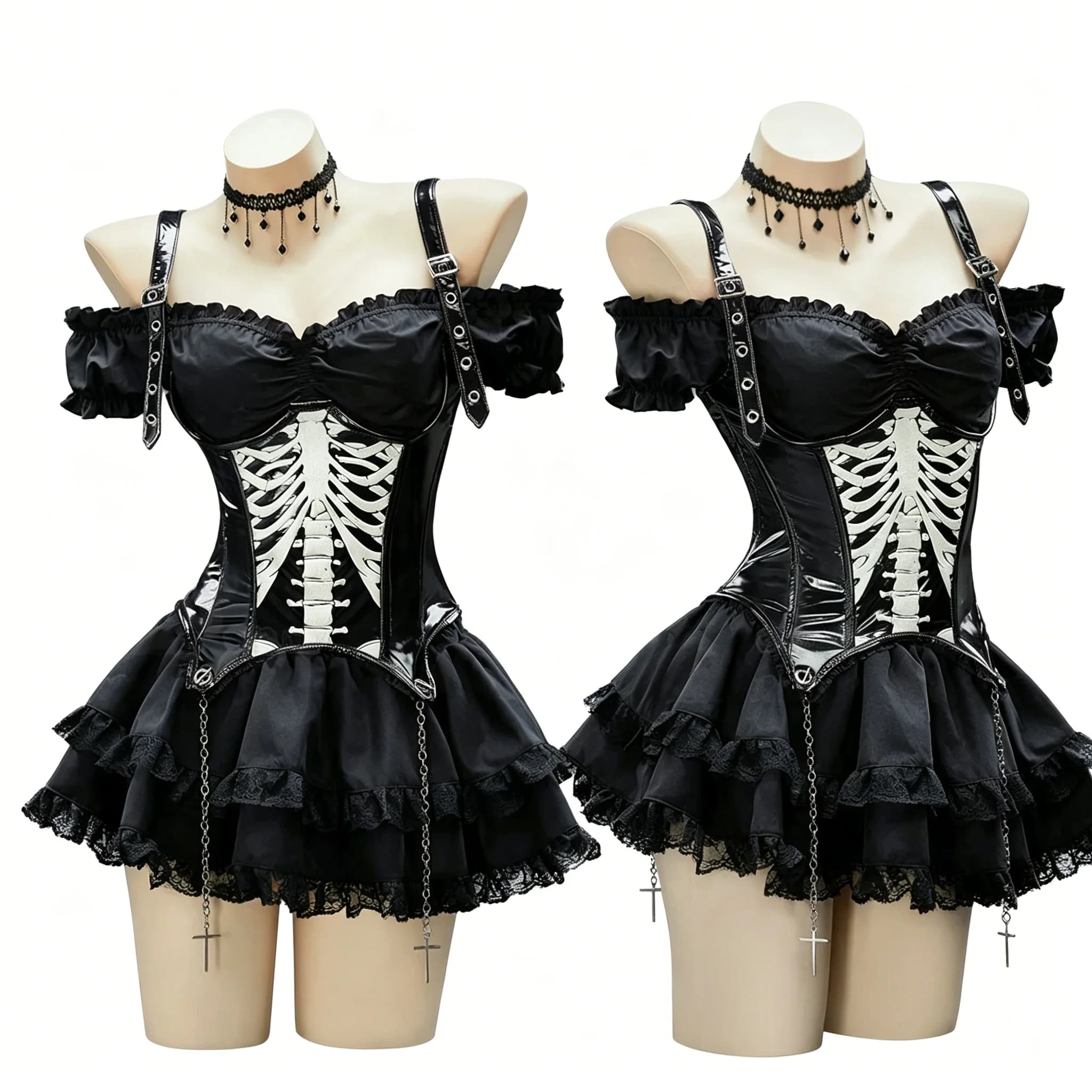 Gothic Skull Short Skirt Lolita Punk Steampunk Black Waistbelt Cosplay Costume Full Set for Women Halloween Comic Con