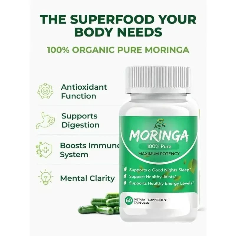 Moringa Capsules – Pure Moringa Powder, Natural Green Plant-Based Supplement with Vitamins and Amino Acids, 60 Vegan Capsules