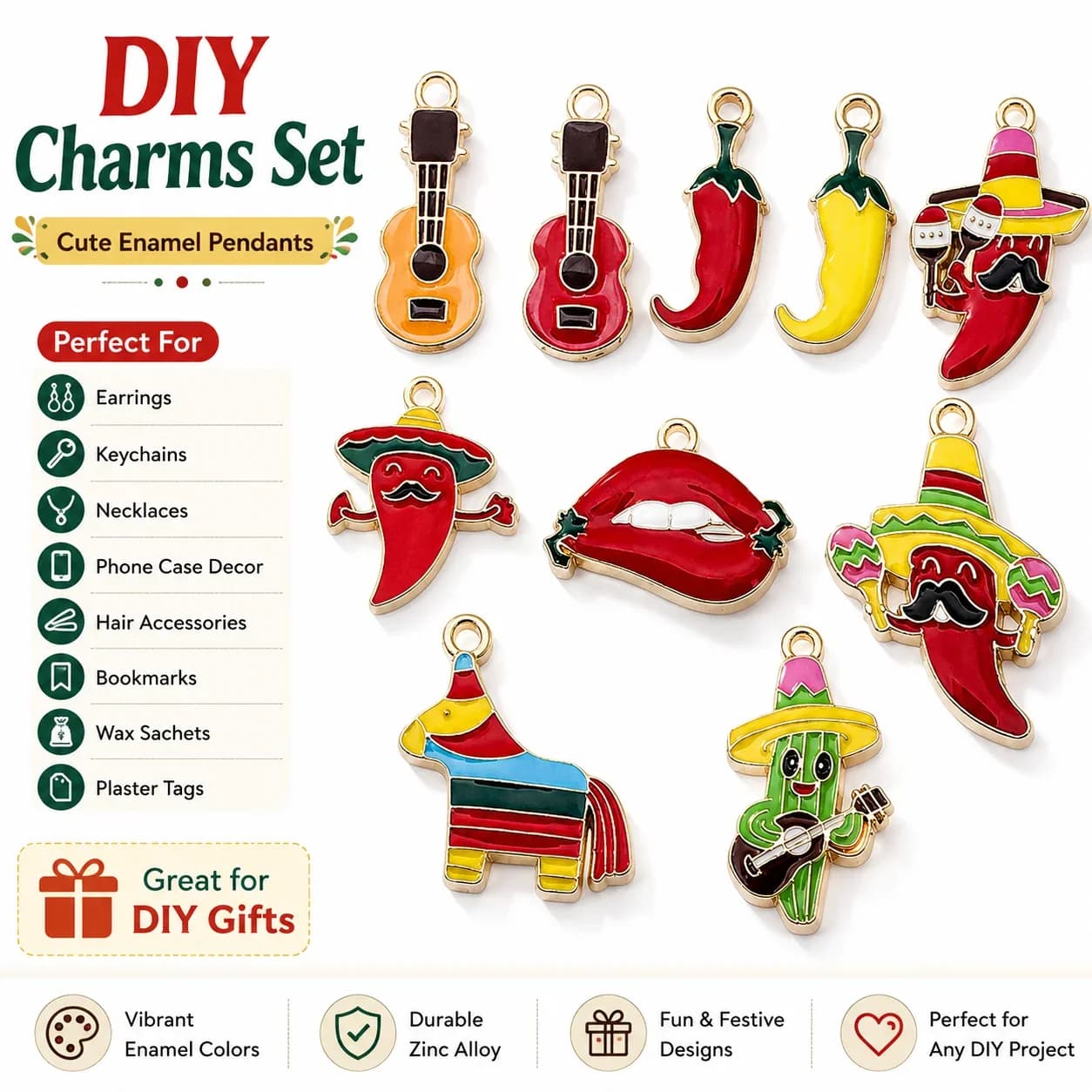 10Pcs Mexican Fiesta Enamel Charms Set Zinc Alloy Colorful Cactus Chili Guitar Donkey Pendant For DIY Earrings Keychain Necklace Phone Case Handmade Craft Accessories