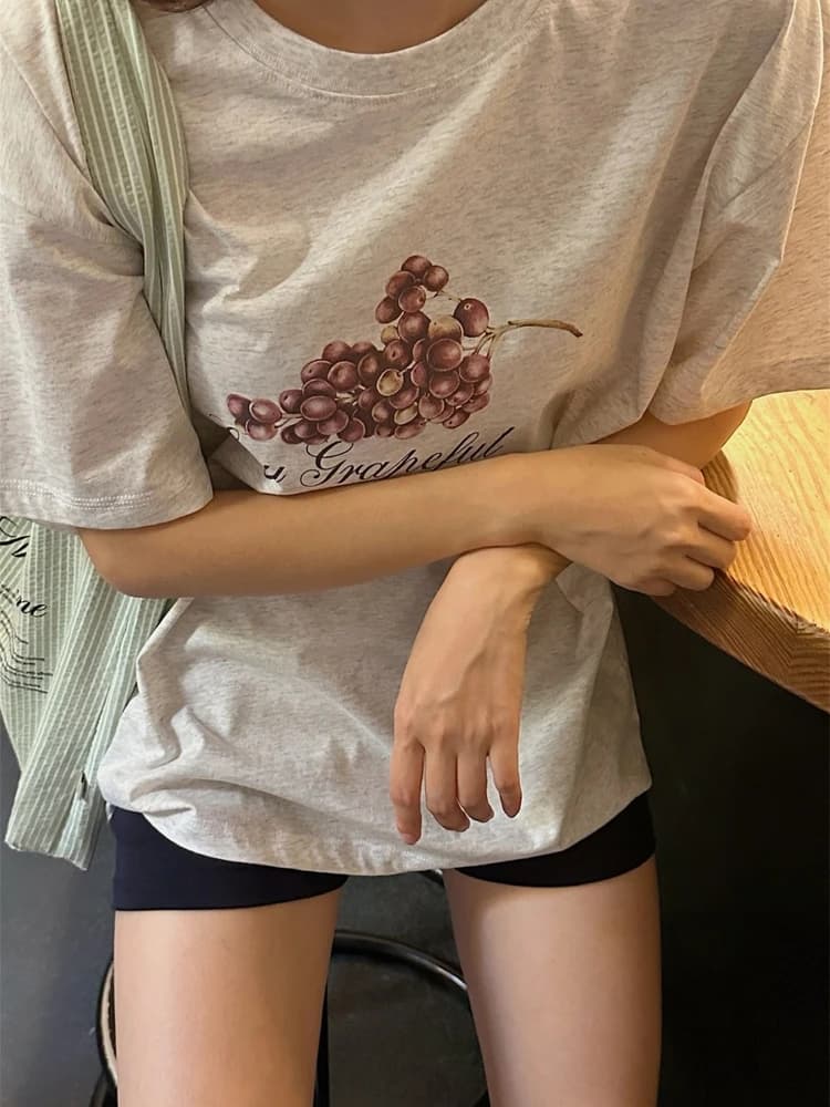 Early Autumn New Style Dongdaemunins Small Grape Print Short Sleeve T-Shirt Women Casual Top Half Sleeve Breathable Cotton