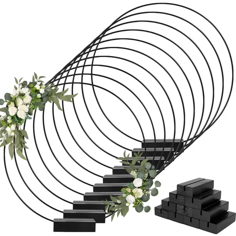 10Pcs Floral Hoops with Wood Holders 10'' Gold/Black Metal Floral Wreath Rings Table Centerpiece Hoops DIY Dream Catcher Crafts