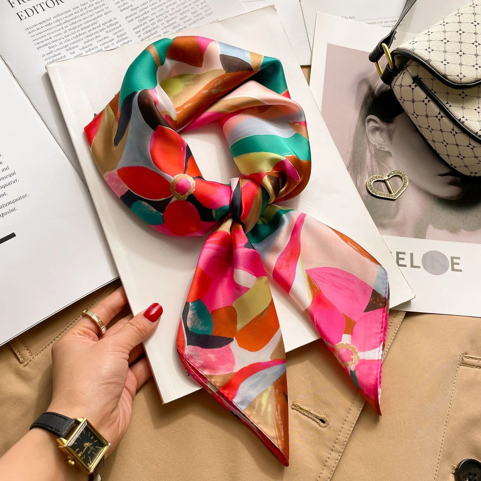 70 cm Colorful Printed Silk Scarf for Women, Soft Satin Scarf, Hair Tape, Bag Tape, Hijab, Scarf, Hairband