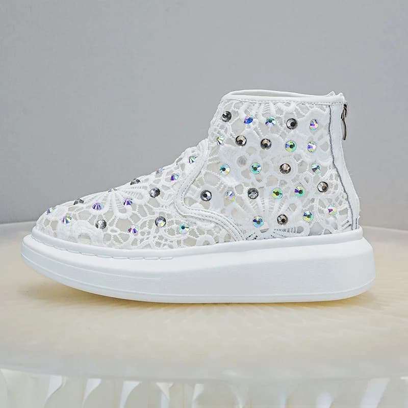 Summer High-Top Lace Net Diamond Embellished Casual Sneakers Women's 2025 New Style Hollow out round Toe Thick Heel Shoes