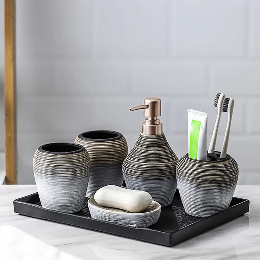 Set di accessori da bagno in ceramica da 5 pezzi Dispenser di sapone a strisce bianche nere Porta spazzolino Vassoio per tazze per dormitorio dell'hotel domestico