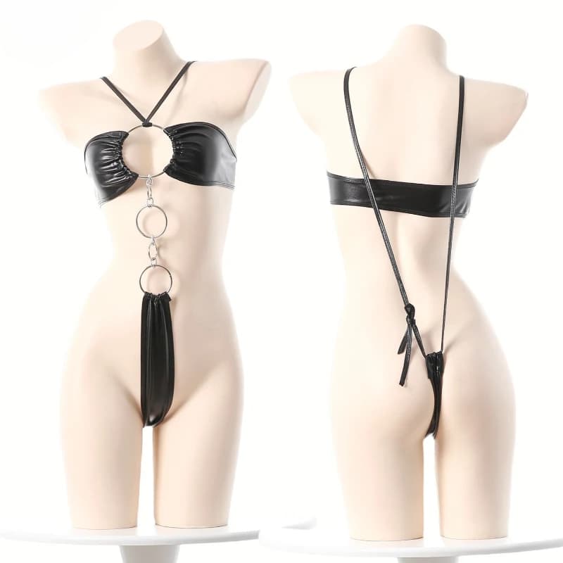 Anime Sexy Hollow See Through Bodysuit Women Patent Leather Underwear Backless Nightwear Role Play Lingerie