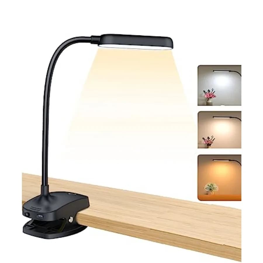 Desk Lamp Clip On Light-7W 2600mAH Flexible Gooseneck Battery Operated Rechargeable Reading Lamp with Clamp and Stepless Bright