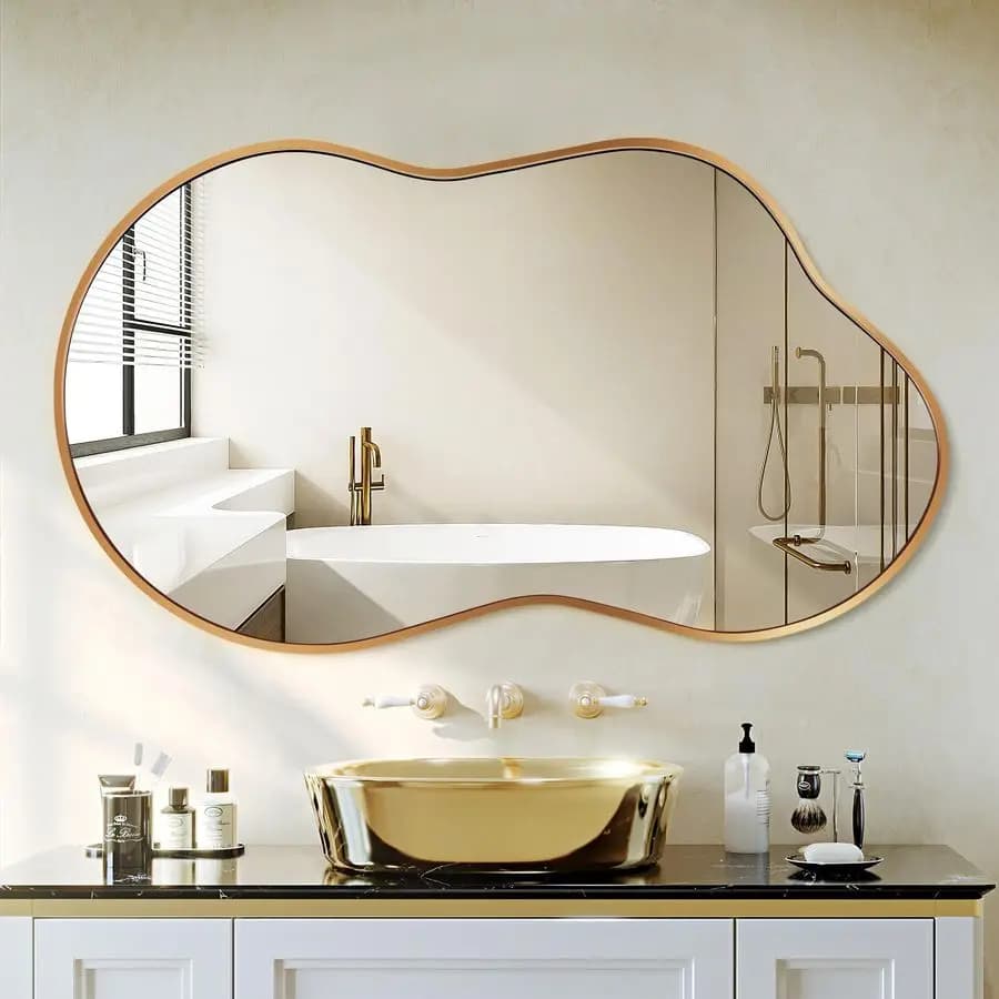 Specchio da parete Specchi da parete Decorativi 20x36 Specchio asimmetrico dorato Vetro temperato Cornice in lega di alluminio aeronautico per bagno, Be