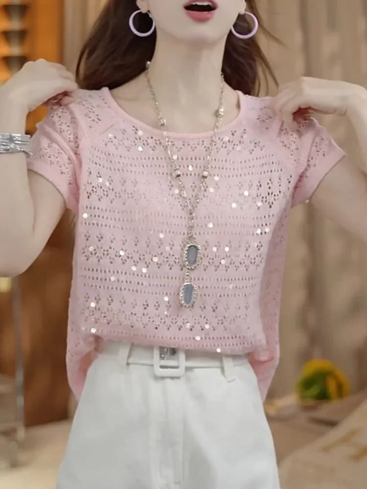 Sweet Trends Pullover lavorato a maglia con paillettes T-shirt da donna a maniche corte Design maglione leggero Top Y2k Jumper Outfit T-shirt coreane