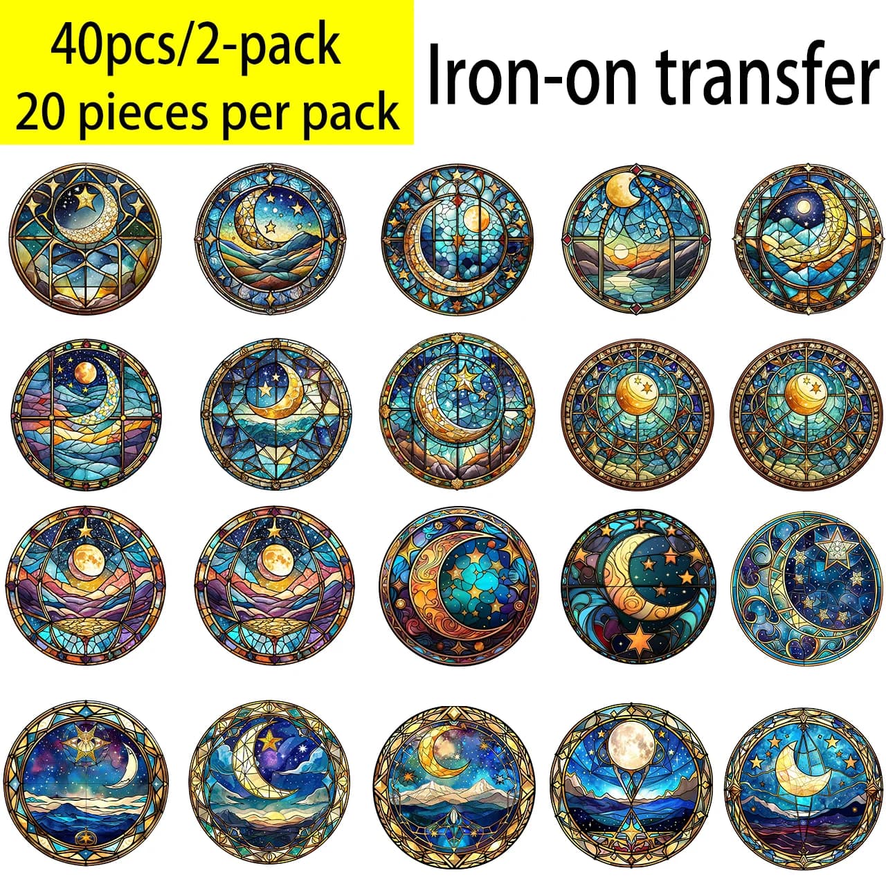 Set of 20 pieces of thermoadhesive themed moon and colorful glass star stickers for bags, hats and DIY cushions