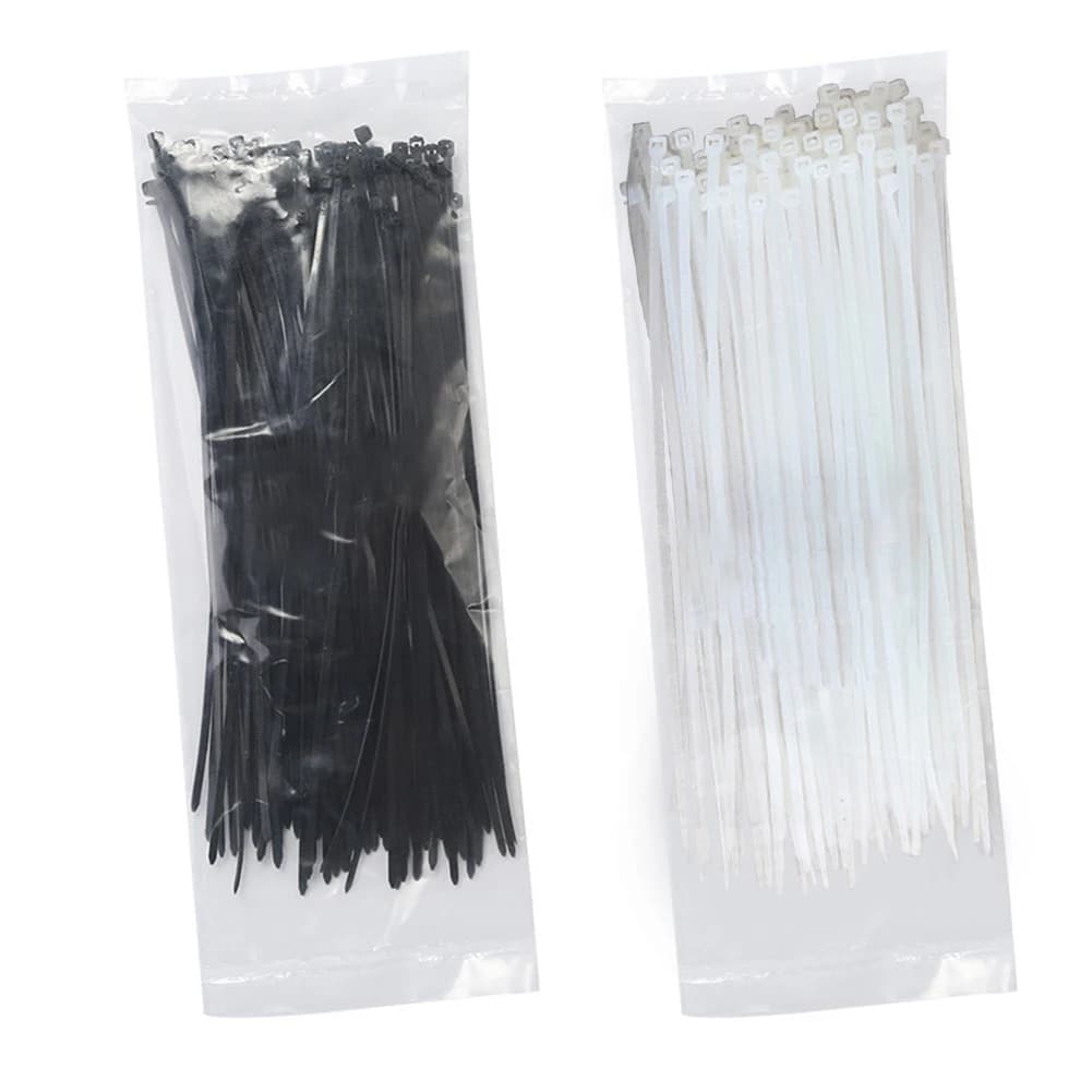 Set of cable clamps with fastening ring made of 100% self-locking plastic