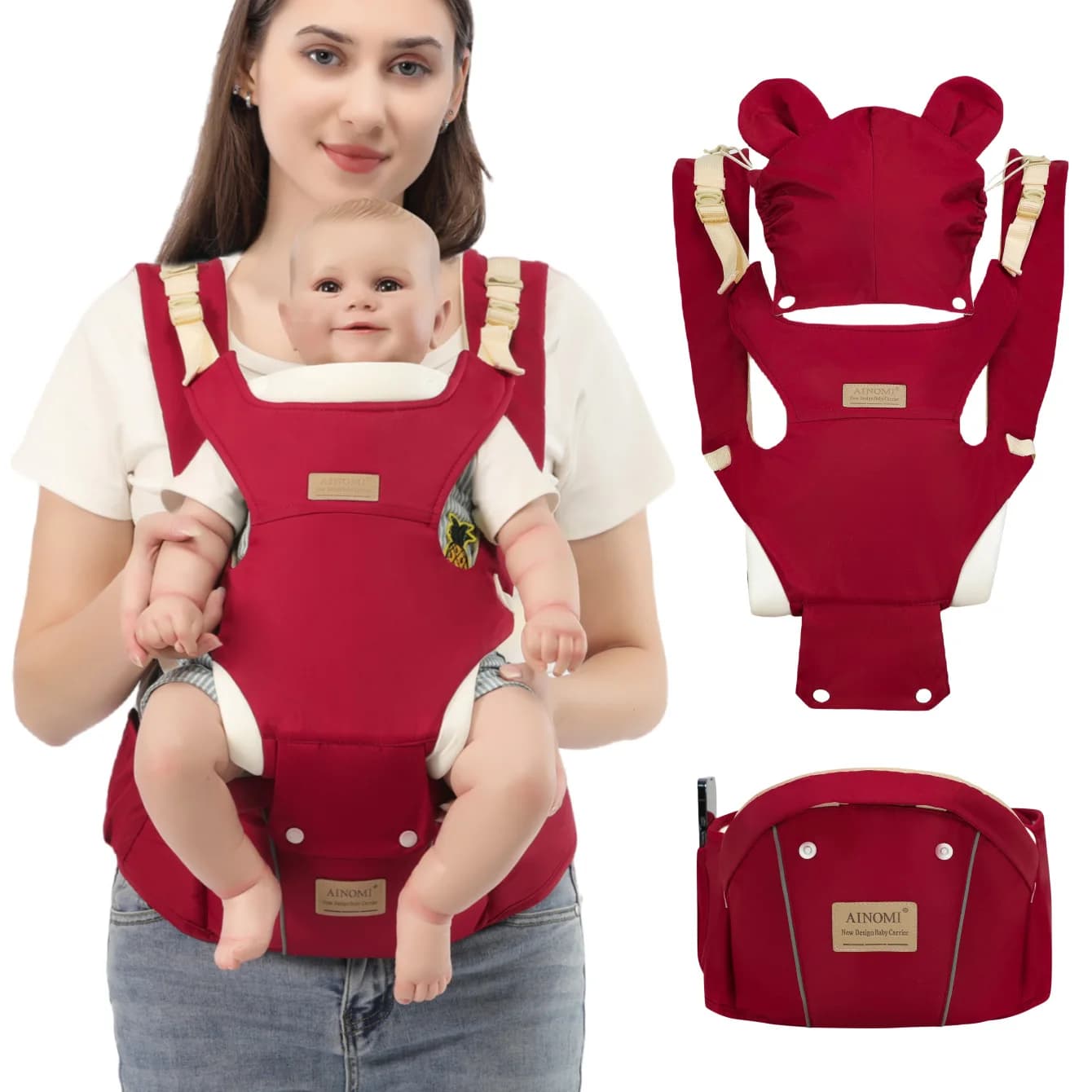 Marsupio Multifunzionale Rosso: Stile Frontale/Posteriore, Design Hands-Free, Cinghie Regolabili Frontali, Adatto per Neonati