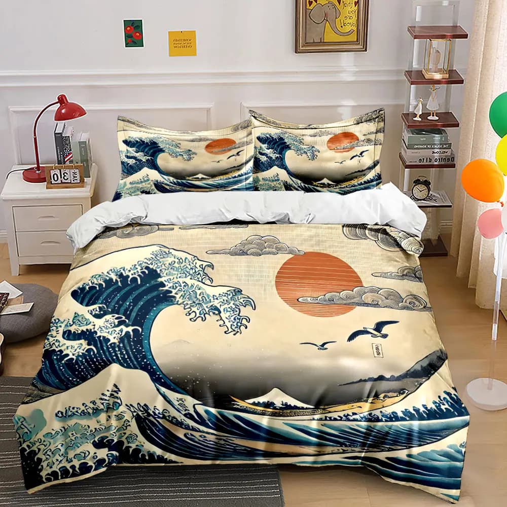 Set di biancheria da letto con stampa classica giapponese della Grande Onda e dei picchi, 1 copripiumino, 2 federe per adulti e bambini, regalo di lusso, misura completa