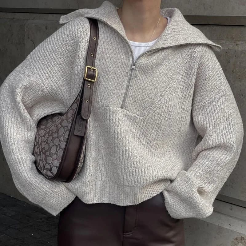 Apprabant 2025 AW Donna Zip Up Maglione lavorato a maglia Manica lunga Allentato Piega con scollo a V Pullover Felpa in maglia Moda Casual Streetwear Top