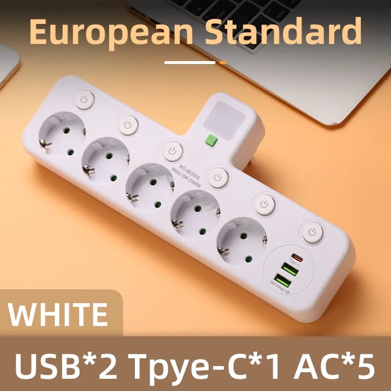 Wall adapter with EU plug and 2/3/4 Pin socket, USB and Type-C multiply, Fast charger for Home, Office and Travel