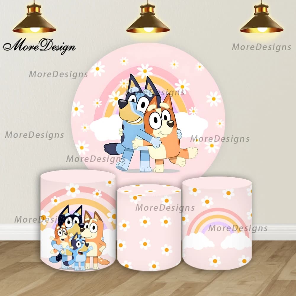 Coperture rotonde rosa per fondali fotografici a tema Bluey, per feste di compleanno per ragazze, baby shower, coperture cilindriche per sfondi fotografici