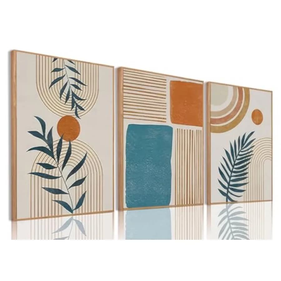 Quadri da Parete Boho, Arte Astratta Incorniciata, Decorazioni Murali Botaniche Neutre, Set di 3 Quadri Moderni di Piante in Stile Mid-Century