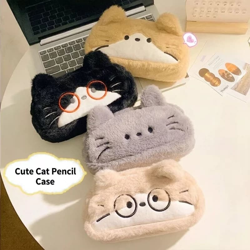 Kawai Cute Glasses Small Animals Plush Pencil Bags Large Capacity Pencil Cases Kittens Puppies Storage School Activities Gifts