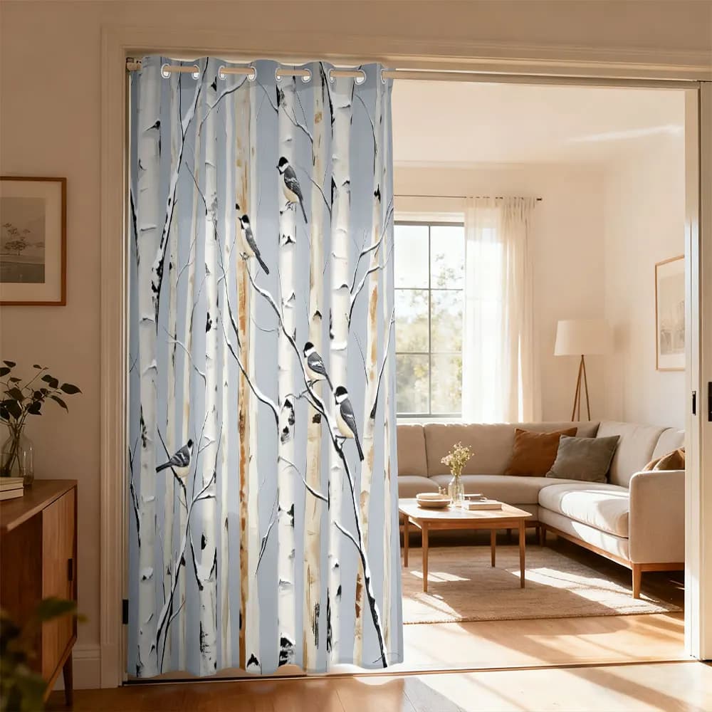 1pc birch forest titmouse print single-loop curtain single-loop curtain living room bedroom door home decoration