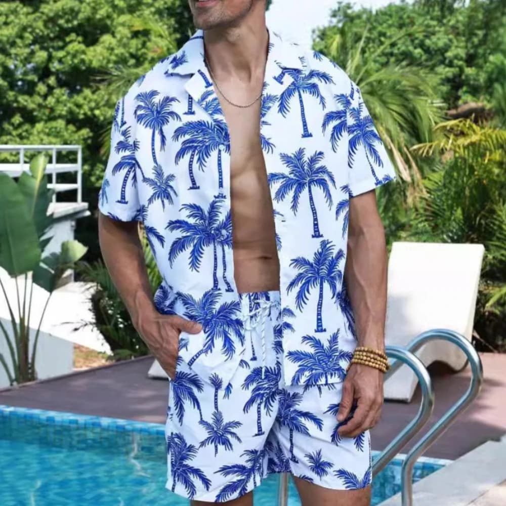 Set Camicia e Pantaloncini Stile Hawaiano con Stampa di Palme da Cocco per Uomo, Abbigliamento Casual da Spiaggia per Vacanze Estive