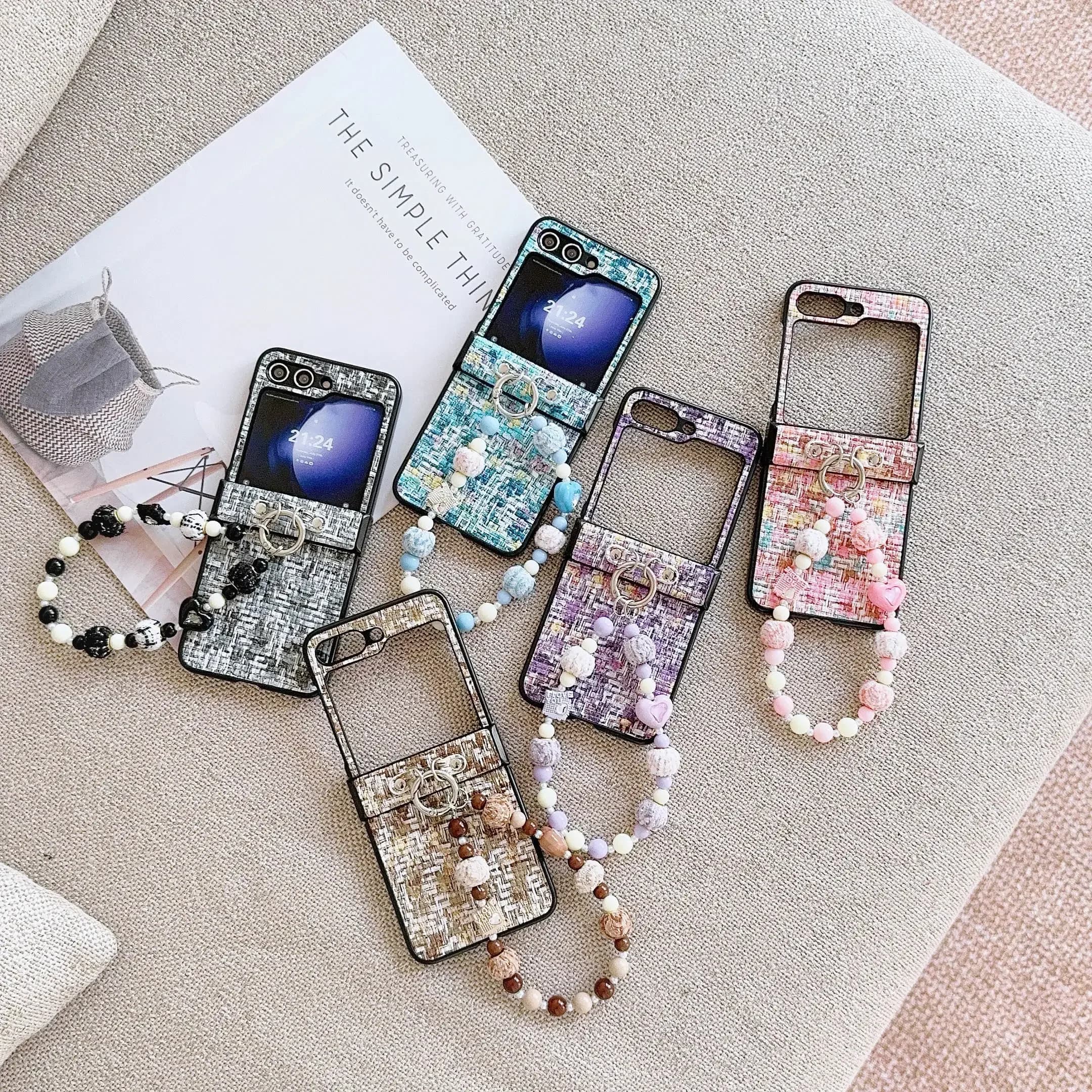 Bling Glitter Bead Wristband Bracelet Reticle PU Leather Cover for Samsung Galaxy Z Flip 6 5 4 3 Phone Case