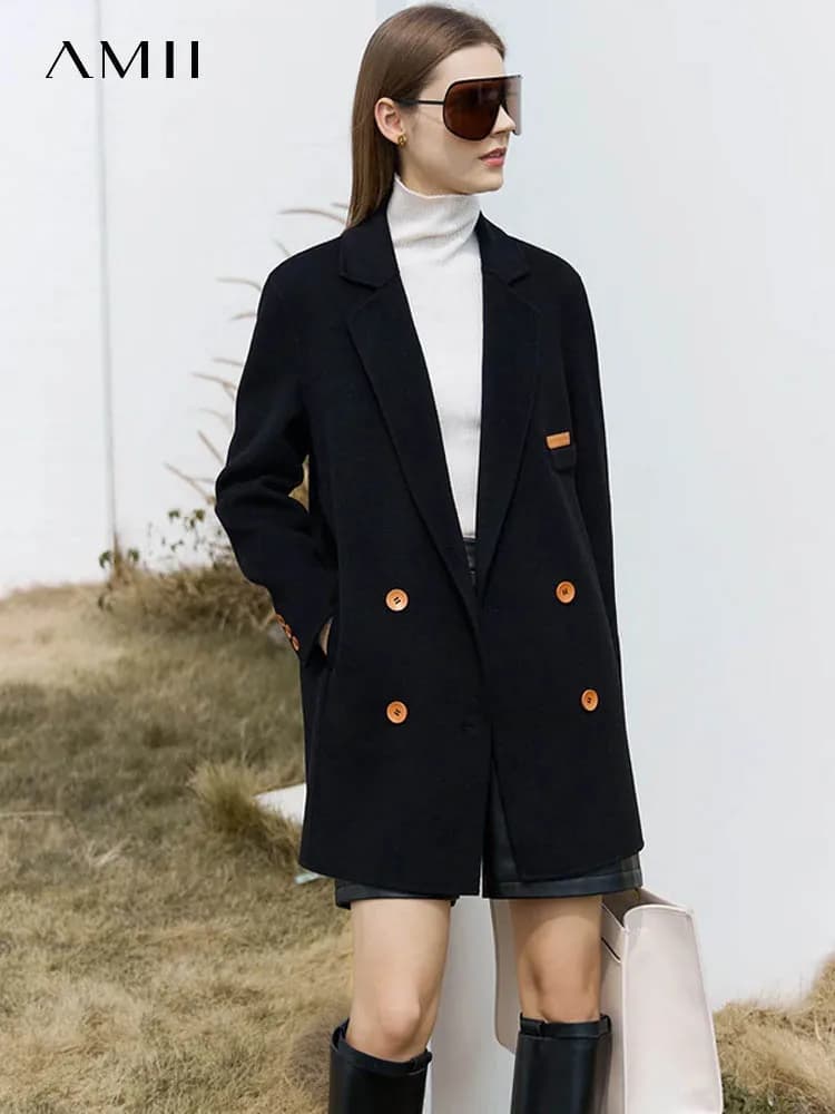 AMII Cappotto di lana minimalista per le donne 2024 Inverno Nuovo Mid-lungo Allentato Office Lady Miscele Colletto rovesciato Giacche casual 12324024