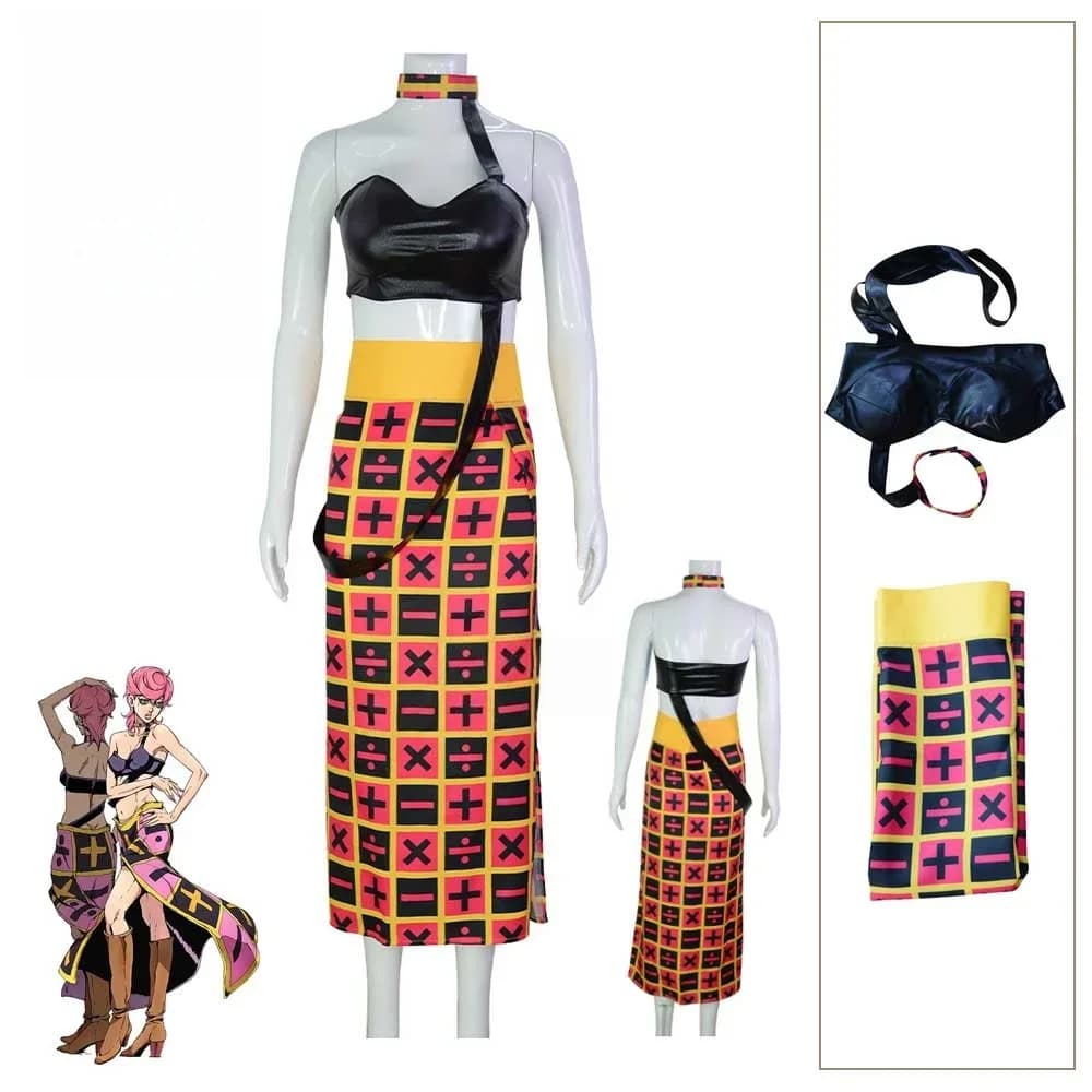 Woman Sexy Carnival Party Suit Anime JOJO's Bizarre Adventure Golden Wind Trish Una Cosplay Costume PU Tube Tops Plaid Skirt