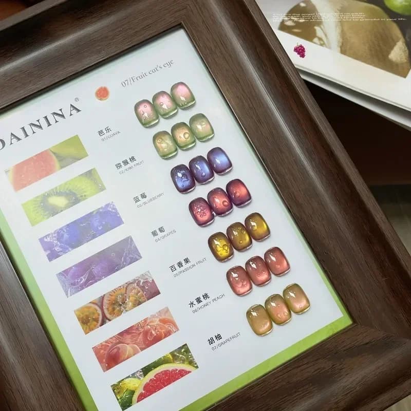 Set di smalti gel sbiancanti per frutta con cesto di frutta, perline di vetro, occhi di gatto, 7 colori e 1 kit professionale per nail art in cartone ​