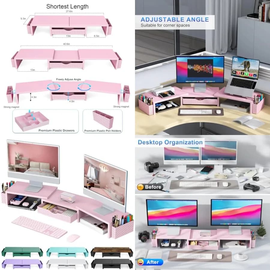 Supporto per Doppio Monitor, Organizzatore da Scrivania con Cassetto e 2 Portapenne, Accessori per Ufficio