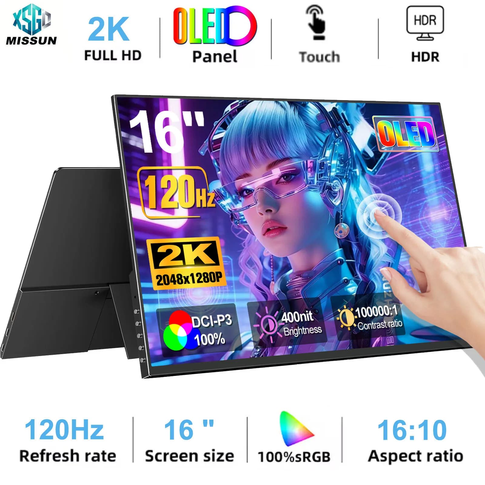 MISSUN 16.0" 120Hz OLED Screen Portable Monitor 2K 100% DCI-P3 Display 1MS Eye Care PC For Laptop Mac NUC Mini PC VESA LS Stand