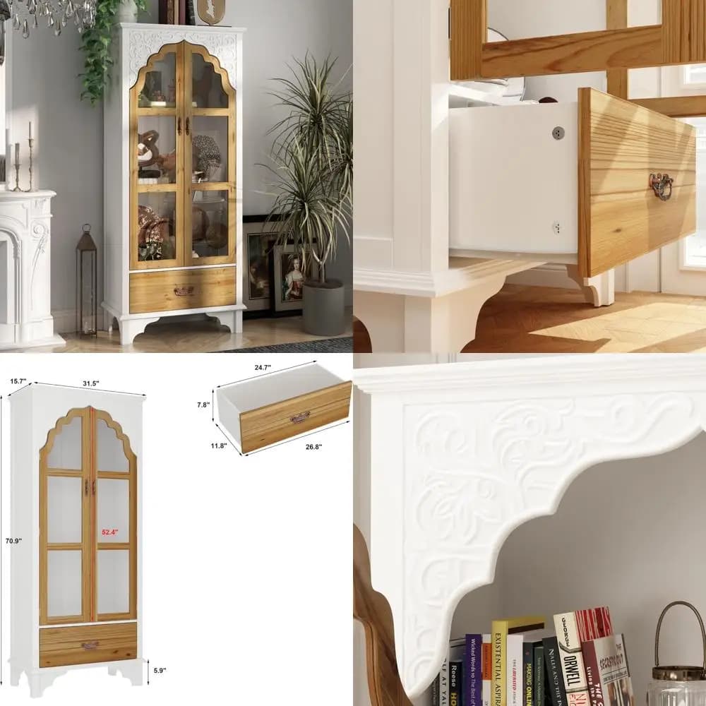 Mobiletto alto in legno con ante, cassetti e ripiani aperti per l'organizzazione dell'home office, soggiorno, studio e bagno