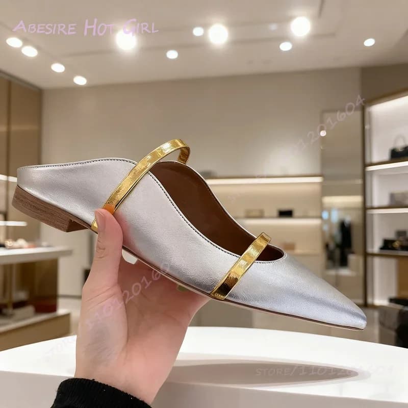 Flat slippers in black leather gilded belt by woman casual home slippers kaki canvas shoes in white leather with silver side wave